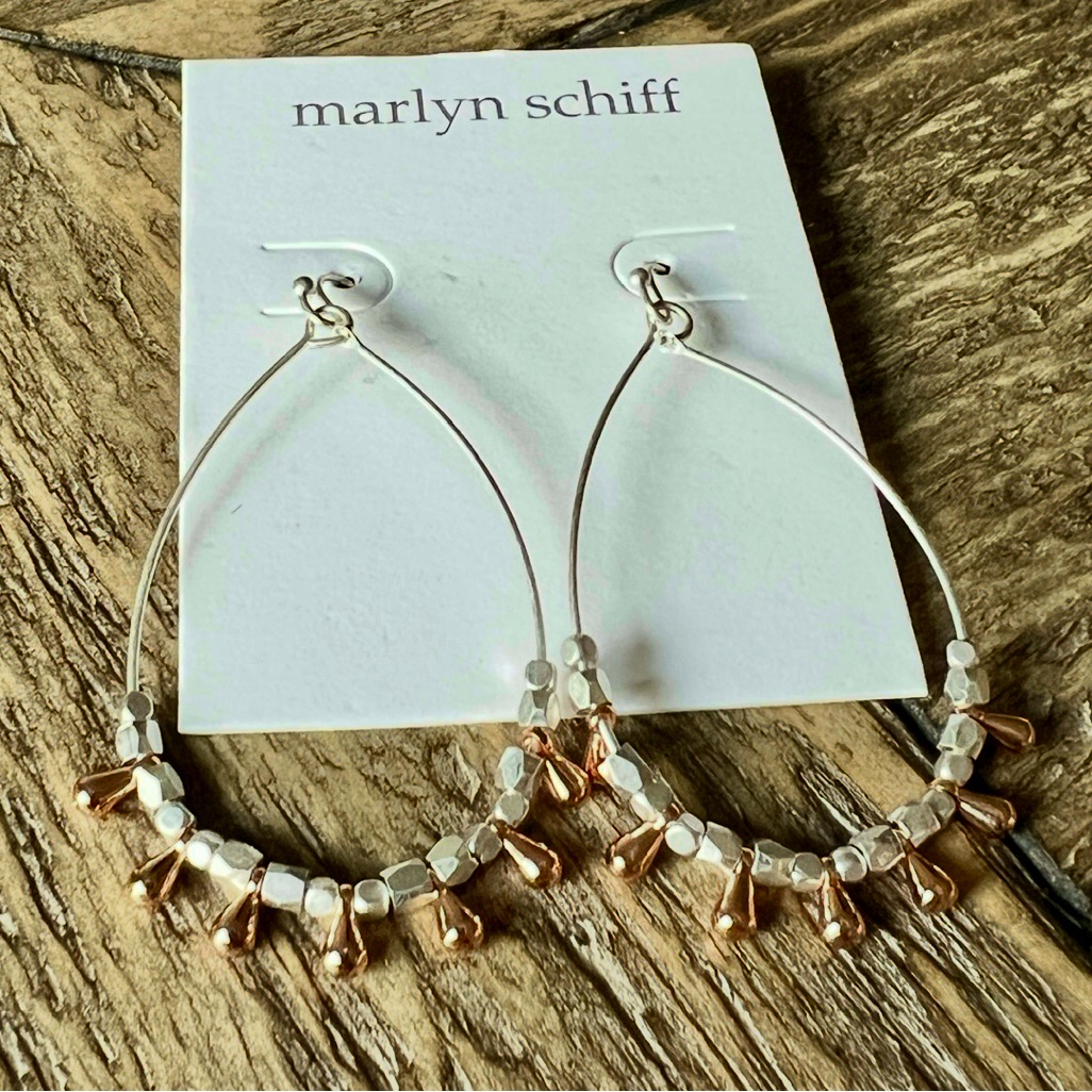 New Marlyn Schiff Teardrop Silvertone Earrings With Silver/Rose Gold Beads